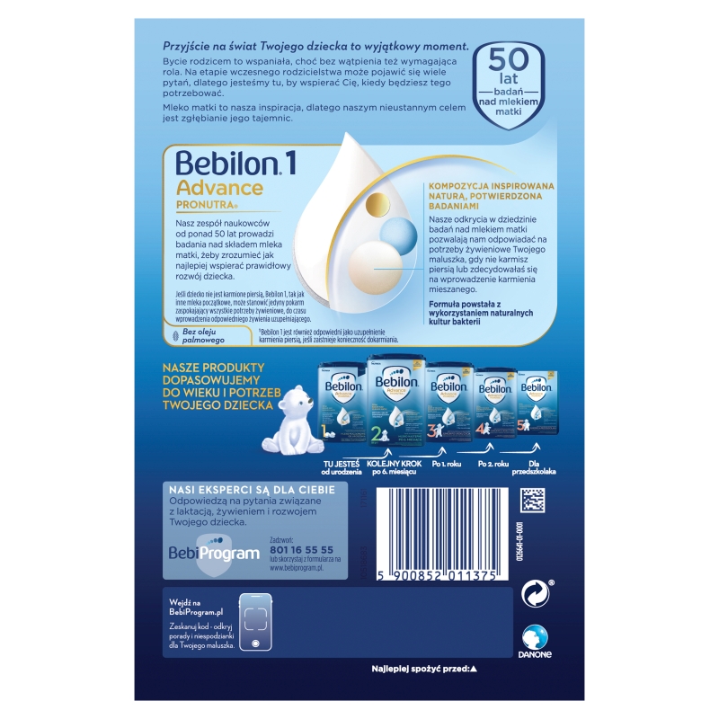 Bebilon 1 z Pronutra-Advance, Dla niemowląt od urodzenia do 6 miesiąca życia 800 g