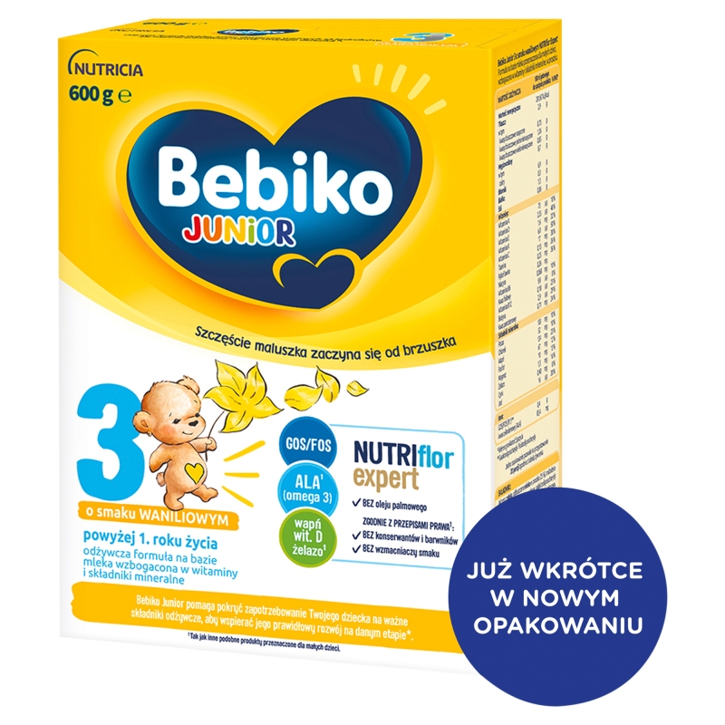Bebiko Junior 3 NUTRIflor Expert, mleko modyfikowane powyżej 1 roku życia o smaku waniliowym, 600 g