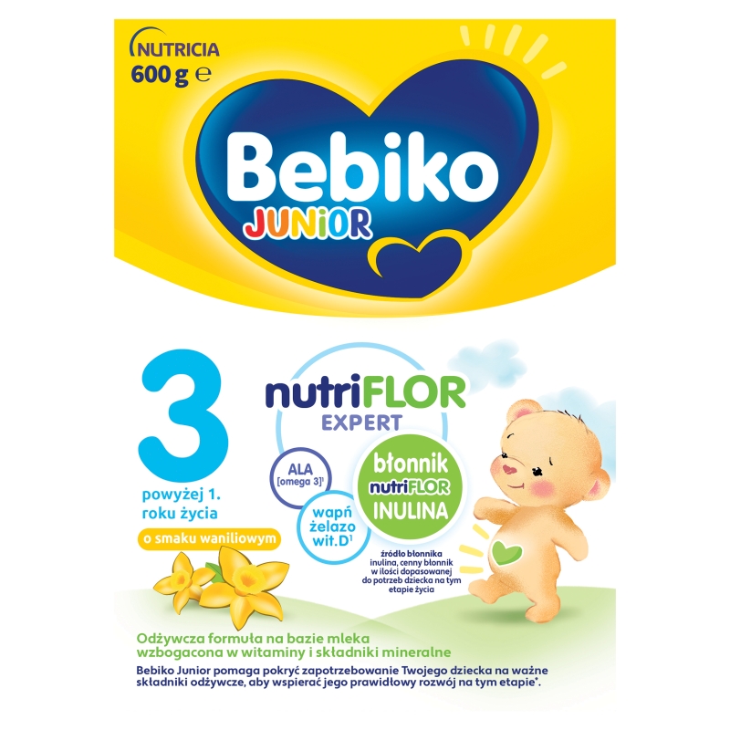 Bebiko Junior 3 NUTRIflor Expert, mleko modyfikowane powyżej 1 roku życia o smaku waniliowym, 600 g