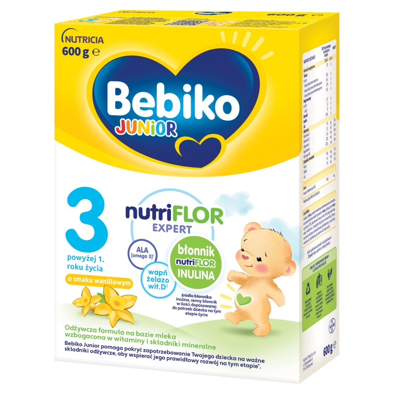Bebiko Junior 3 NUTRIflor Expert, mleko modyfikowane powyżej 1 roku życia o smaku waniliowym, 600 g