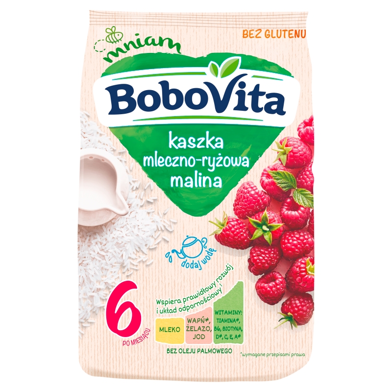 Bobovita kaszka mleczno-ryżowa, malina, bez glutenu, 4m+, 230 g