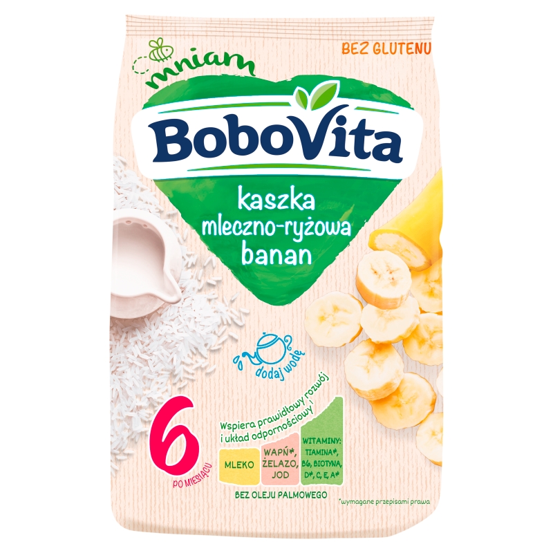 Bobovita, kaszka mleczno-ryżowa, banan, bez glutenu, 4m+, 230 g