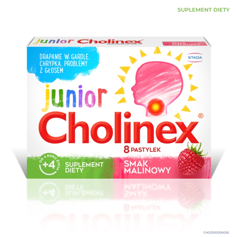 Cholinex Junior, pastylki do ssania ze składnikami na drapanie i suchość gardła dla dzieci o smaku malinowym, 16 szt.