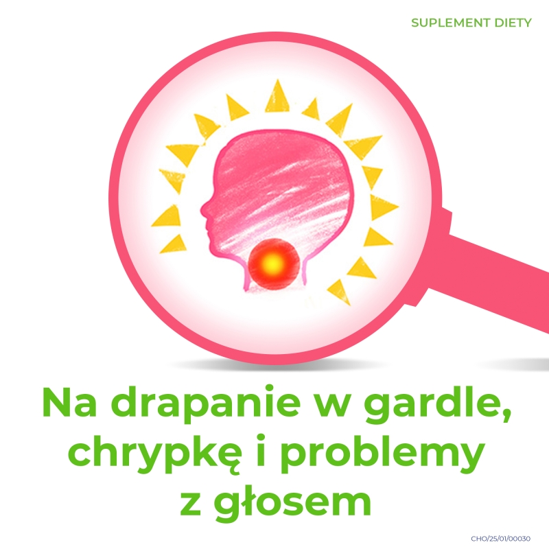 Cholinex Junior, pastylki do ssania ze składnikami na drapanie i suchość gardła dla dzieci o smaku malinowym, 16 szt.