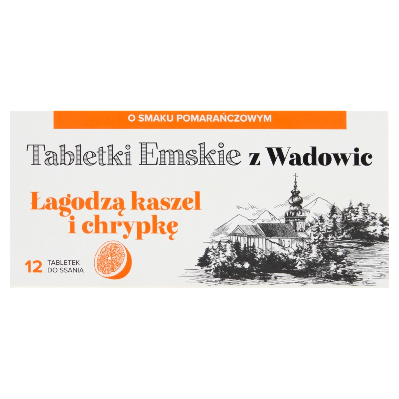 Tabletki Emskie z Wadowic, tabletki łągodzące kaszel i chrypkę o smaku pomarańczowym, 12 szt.