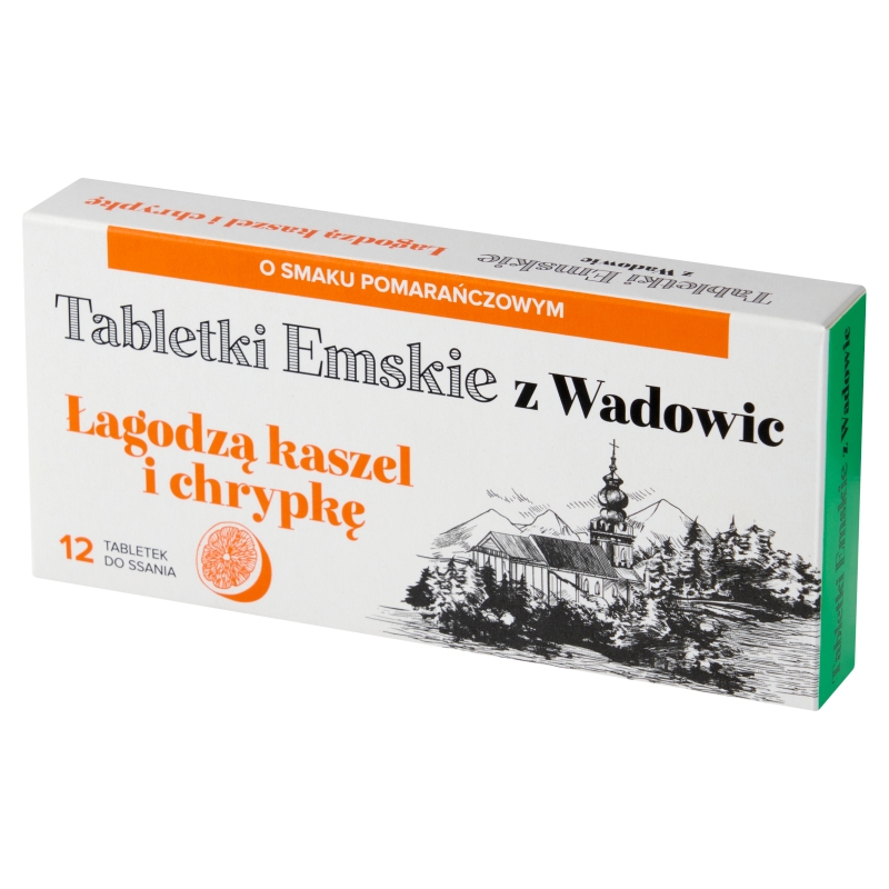 Tabletki Emskie z Wadowic, tabletki łągodzące kaszel i chrypkę o smaku pomarańczowym, 12 szt.