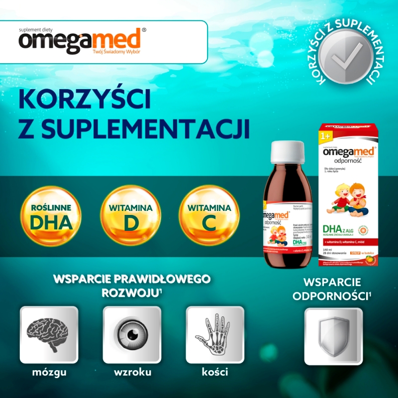 Omegamed Odporność 1+, syrop ze składnikami wspierającymi odporność o smaku pomarańczowym, 140 ml