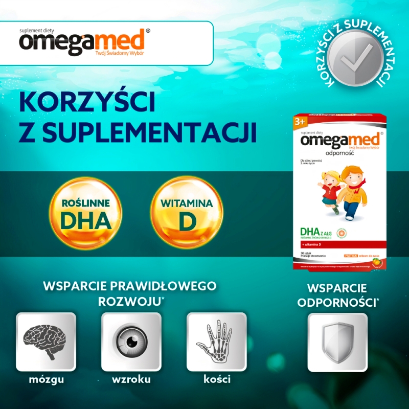 Omegamed Odporność 3+, pastylki ze składnikami wspierającymi odporność o smaku pomarańczowym, 30 szt.