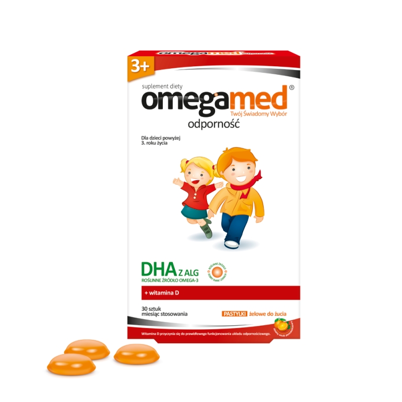 Omegamed Odporność 3+, pastylki ze składnikami wspierającymi odporność o smaku pomarańczowym, 30 szt.