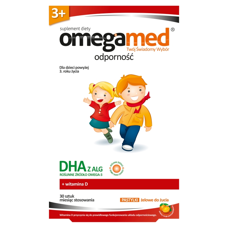 Omegamed Odporność 3+, pastylki ze składnikami wspierającymi odporność o smaku pomarańczowym, 30 szt.