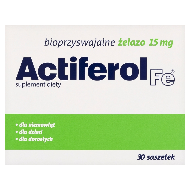 Actiferol Fe 15 mg proszek ze składnikami uzupełniającymi dietę w żelazo, 30 sasz.