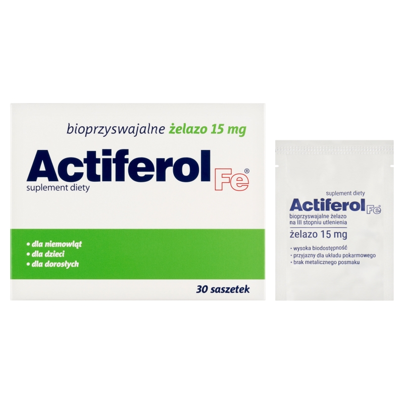 Actiferol Fe 15 mg, proszek ze składnikami uzupełniającymi dietę w żelazo, 30 sasz.