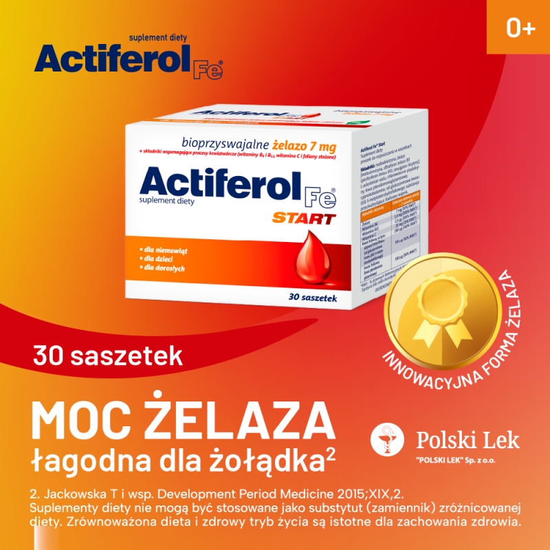 Actiferol Fe Start, saszetki ze składniakami uzupełniającymi dietę w żelazo i kwas foliowy, 30 szt.