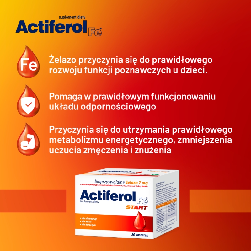 Actiferol Fe Start, saszetki ze składniakami uzupełniającymi dietę w żelazo i kwas foliowy, 30 szt.