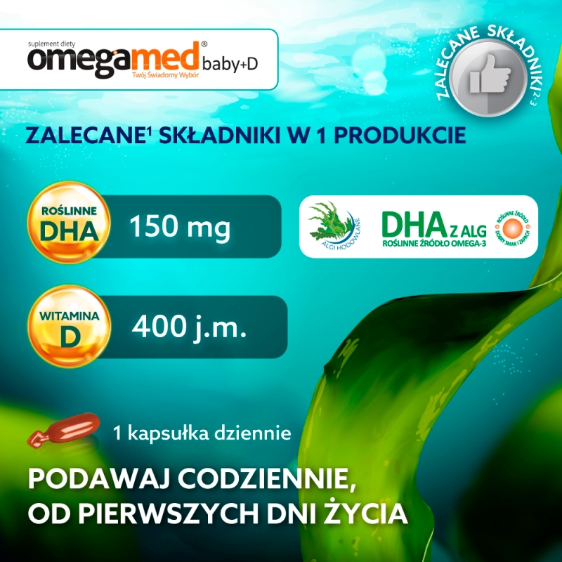 Omegamed Baby+D 0+, kapsułki twist-off ze składnikami uzupełniającymi dietę w kwas DHA i witaminę D, dla niemowląt, 60 szt.