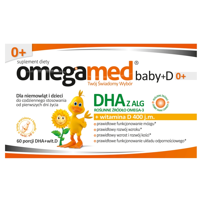Omegamed Baby+D 0+, kapsułki twist-off ze składnikami uzupełniającymi dietę w kwas DHA i witaminę D, dla niemowląt, 60 szt.