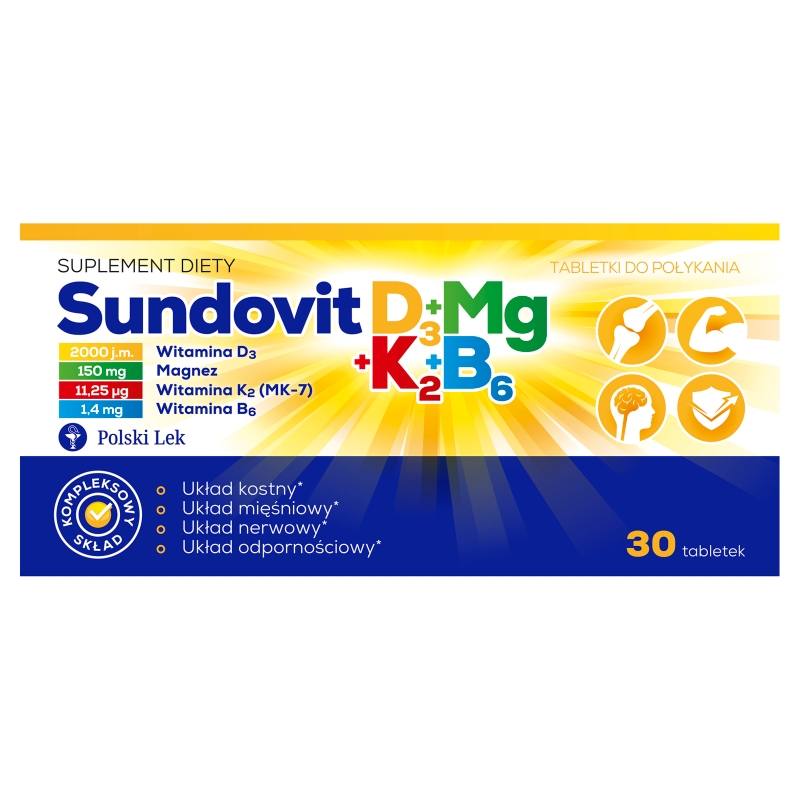Sundovit D3 + Mg + K2 + B6, tabletki z witaminami i magnezem, 30 szt.