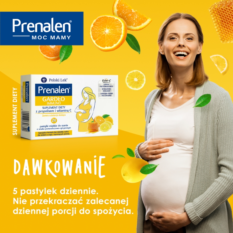 Prenalen Gardło Immuno, pastylki z propolisem i witaminą C o smaku pomarańczowo-cytrynowym dla kobiet w ciąży, 24 szt.