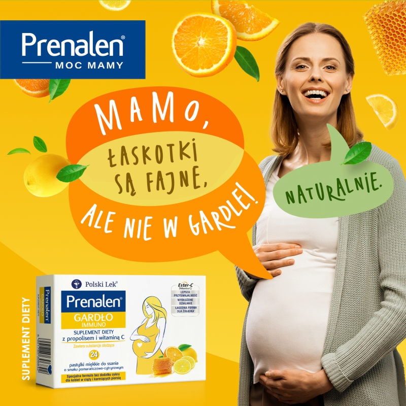 Prenalen Gardło Immuno, pastylki z propolisem i witaminą C o smaku pomarańczowo-cytrynowym dla kobiet w ciąży, 24 szt.