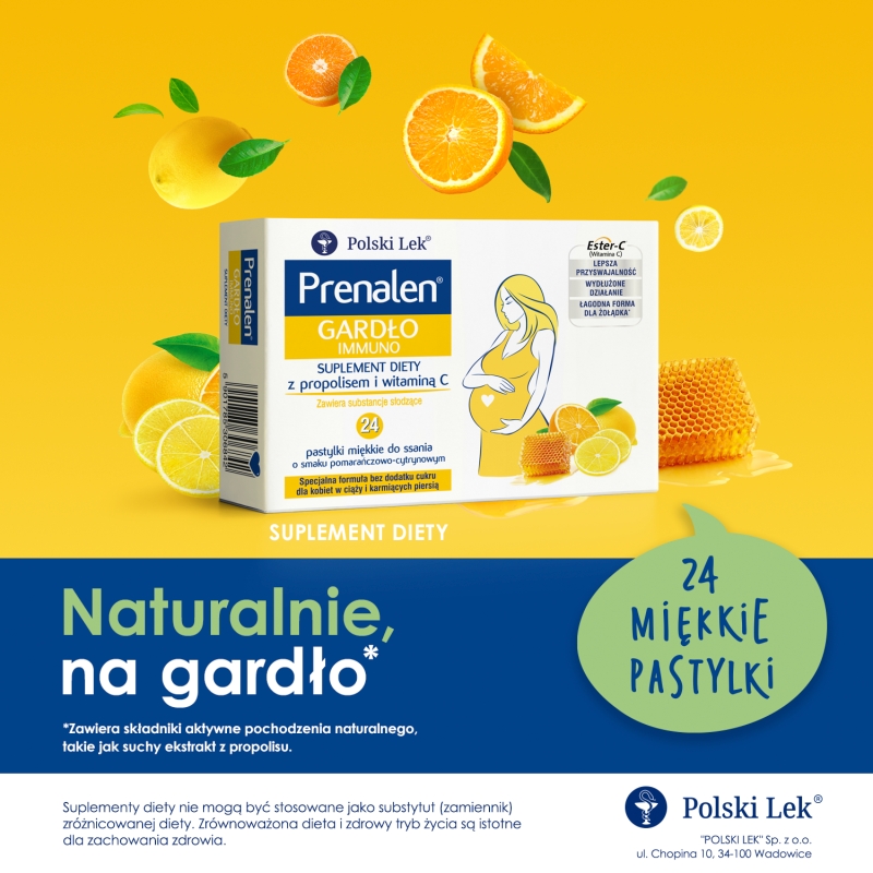 Prenalen Gardło Immuno, pastylki z propolisem i witaminą C o smaku pomarańczowo-cytrynowym dla kobiet w ciąży, 24 szt.