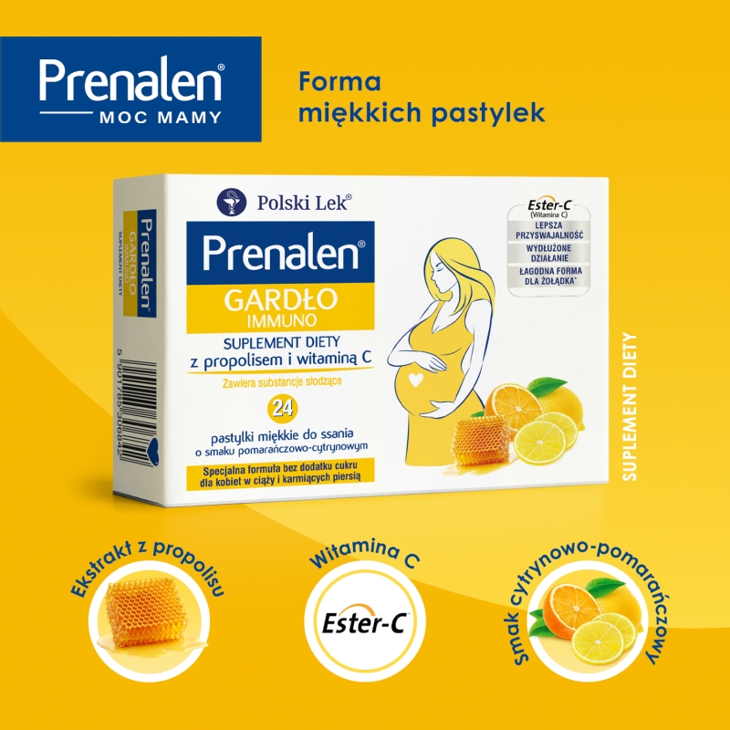 Prenalen Gardło Immuno, pastylki z propolisem i witaminą C o smaku pomarańczowo-cytrynowym dla kobiet w ciąży, 24 szt.