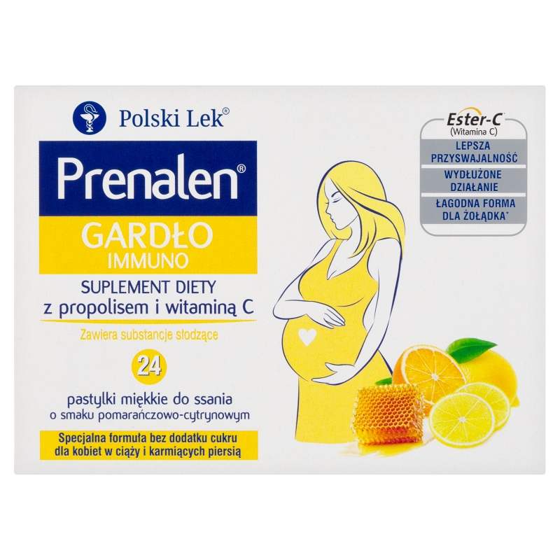 Prenalen Gardło Immuno, pastylki z propolisem i witaminą C o smaku pomarańczowo-cytrynowym dla kobiet w ciąży, 24 szt.