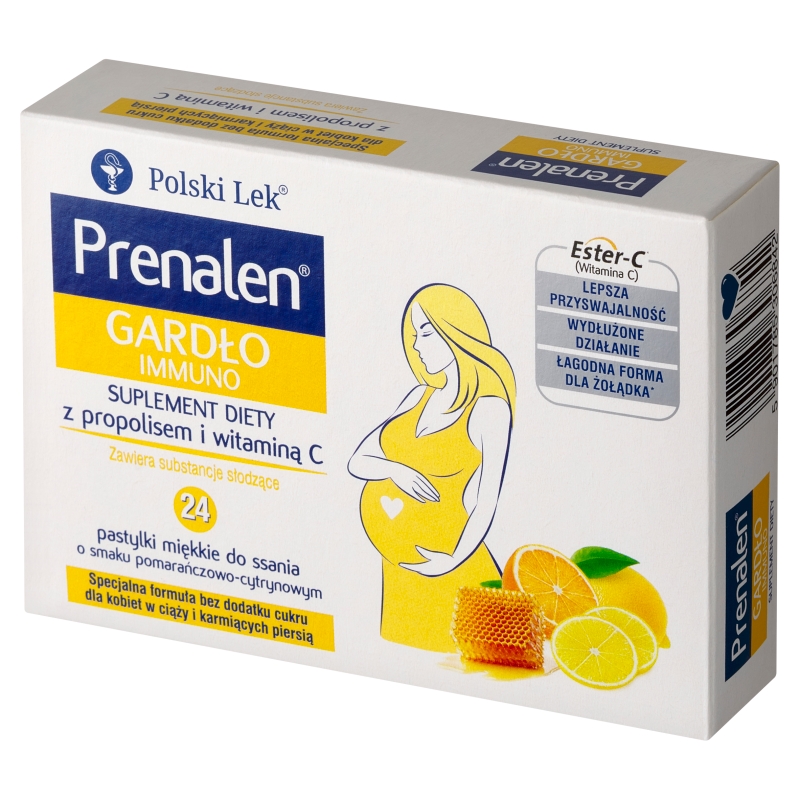 Prenalen Gardło Immuno, pastylki z propolisem i witaminą C o smaku pomarańczowo-cytrynowym dla kobiet w ciąży, 24 szt.