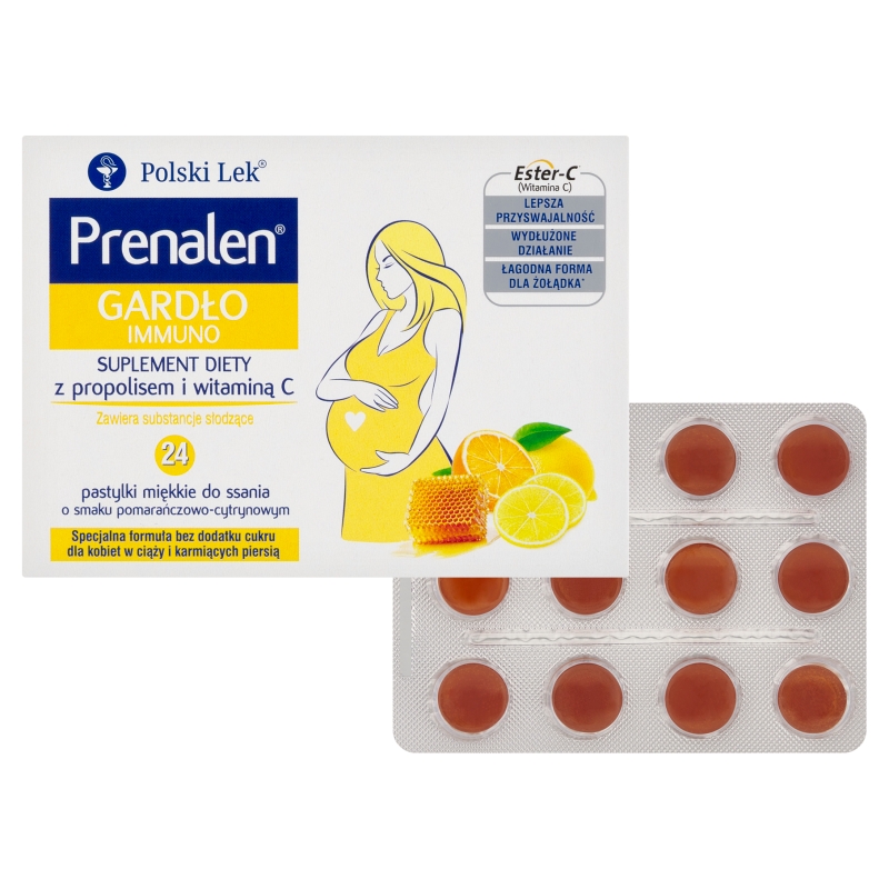 Prenalen Gardło Immuno, pastylki z propolisem i witaminą C o smaku pomarańczowo-cytrynowym dla kobiet w ciąży, 24 szt.