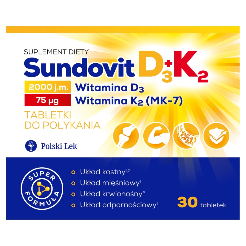 Sundovit D3 + K2, tabletki ze składnikami wspierającymi zdrowe kości i zęby, 30 szt.