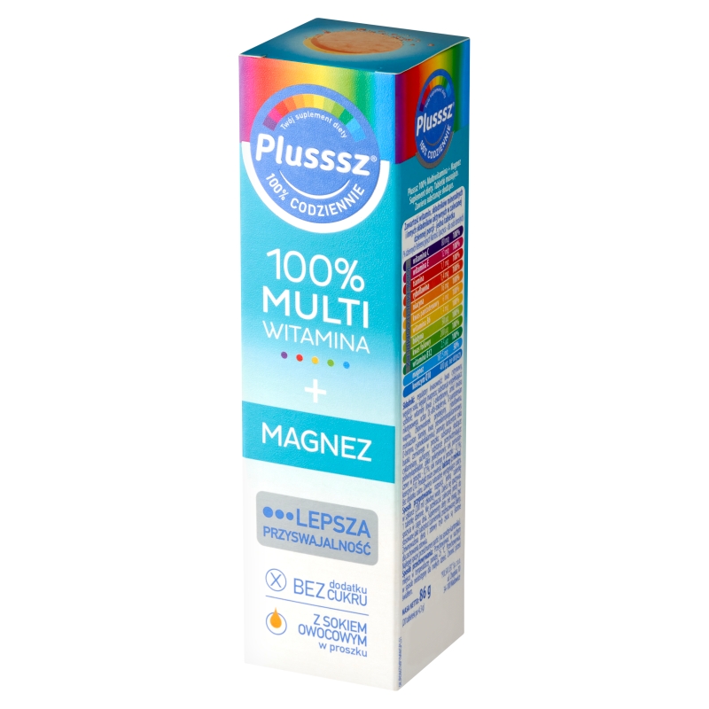 Plusssz 100% Multiwitamina + Magnez, tabletki musujące z witaminami o smaku mango - pomarańcza, 20 szt.