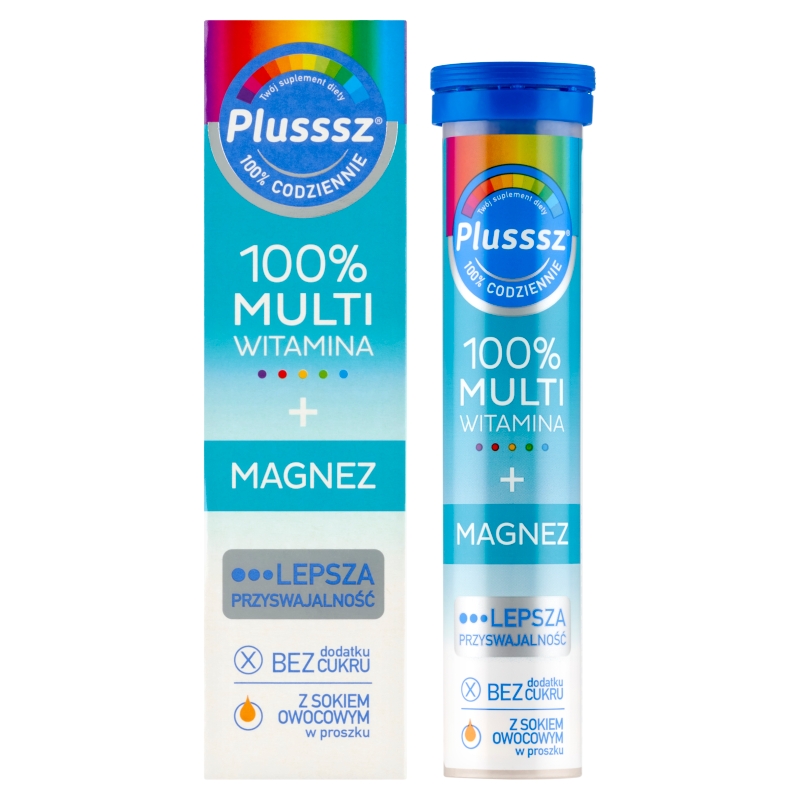 Plusssz 100% Multiwitamina + Magnez, tabletki musujące z witaminami o smaku mango - pomarańcza, 20 szt.