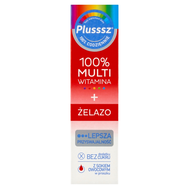 Plusssz 100% Multiwitamina + Żelazo tabletki musujące z witaminami o smaku wiśniowym, 20 szt.