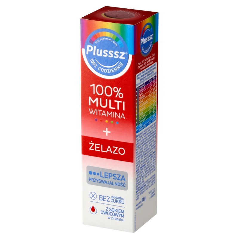 Plusssz 100% Multiwitamina + Żelazo, tabletki musujące z witaminami o smaku wiśniowym, 20 szt.