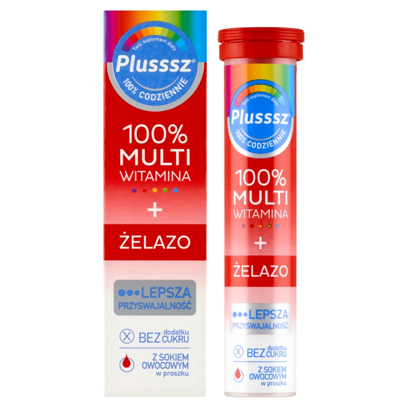 Plusssz 100% Multiwitamina + Żelazo, tabletki musujące z witaminami o smaku wiśniowym, 20 szt.