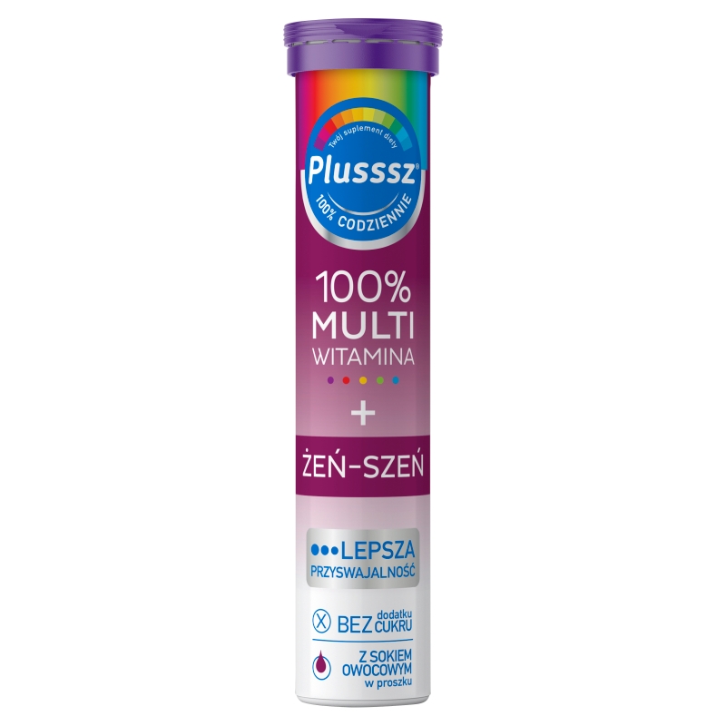 Plusssz 100% Multiwitamina + Żeń-Szeń, tabletki musujące z witaminami o smaku owoców leśnych, 20 szt.