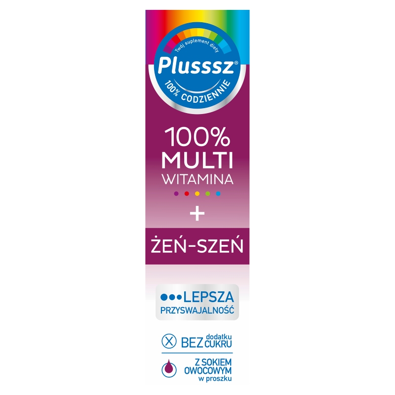 Plusssz 100% Multiwitamina + Żeń-Szeń, tabletki musujące z witaminami o smaku owoców leśnych, 20 szt.