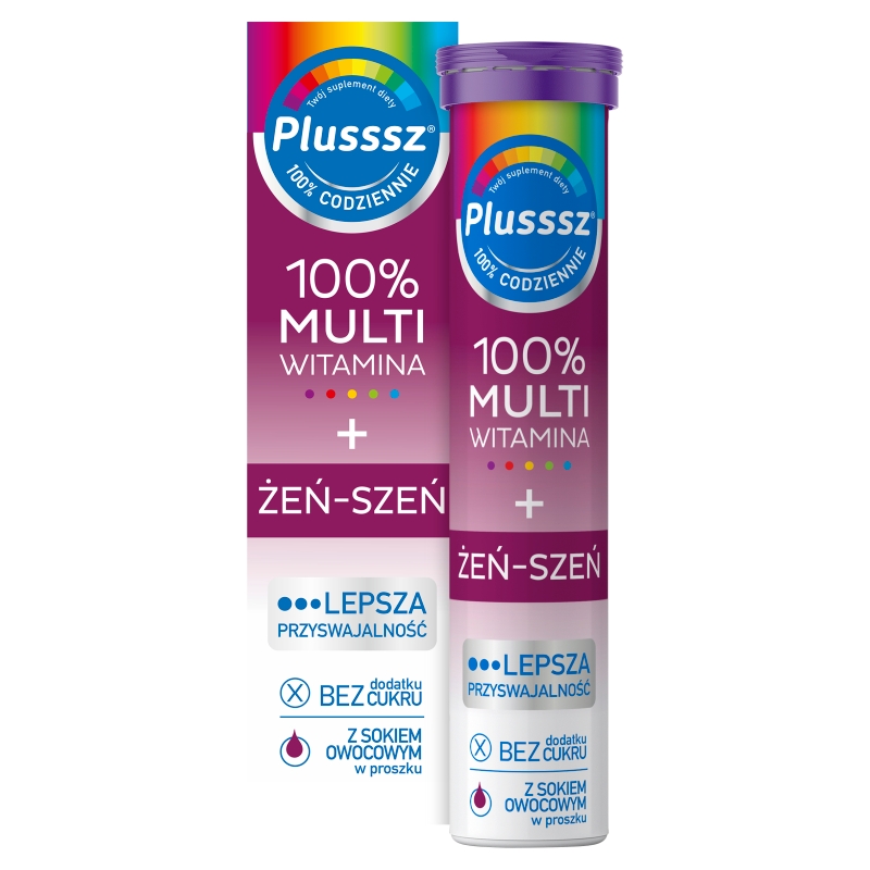 Plusssz 100% Multiwitamina + Żeń-Szeń, tabletki musujące z witaminami o smaku owoców leśnych, 20 szt.
