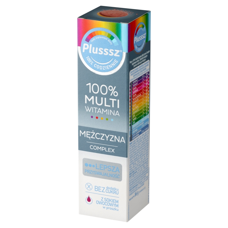 Plusssz 100% Multiwitamina Mężczyzna Complex, tabletki musujące z witaminami o smaku jeżyna - pomarańcza dla mężczyzn, 20 szt.