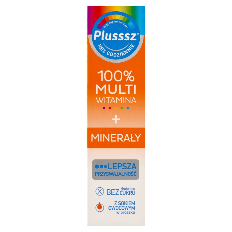 Plusssz 100% Multiwitamina + Minerały tabletki musujące z witaminami o smaku mango - pomarańcza, 20 szt.