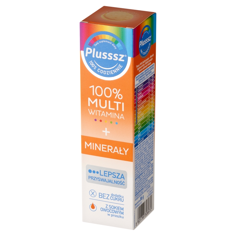 Plusssz 100% Multiwitamina + Minerały, tabletki musujące z witaminami o smaku mango - pomarańcza, 20 szt.