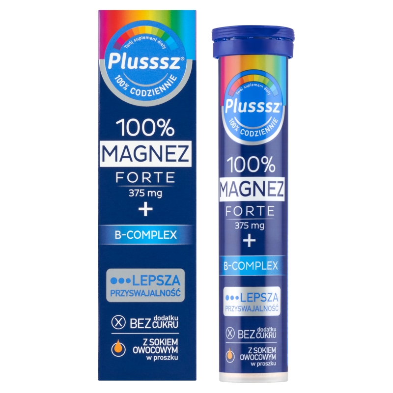 Plusssz 100% Magnez Forte + B-Complex, tabletki musujące z witaminami o smaku pomarańcza - grejpfrut, 20 szt.