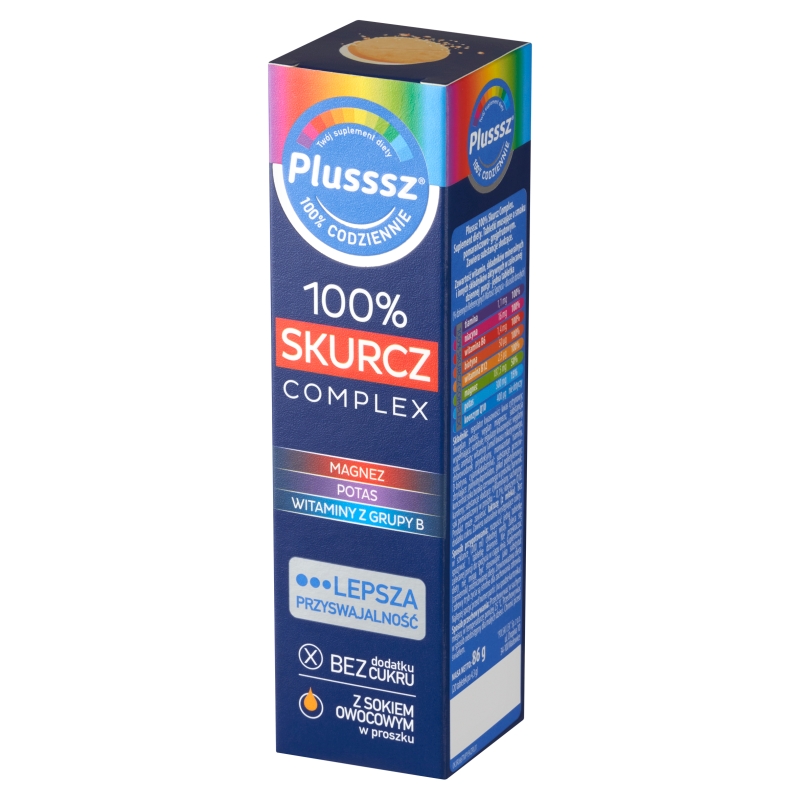 Plusssz 100% Skurcz Complex, tabletki musujące z witaminami o smaku pomarańczowo - grejpfrutowym, 20 szt.