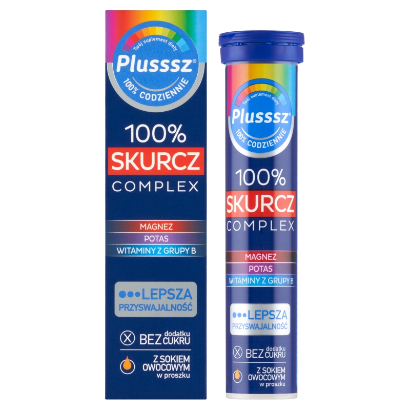Plusssz 100% Skurcz Complex, tabletki musujące z witaminami o smaku pomarańczowo - grejpfrutowym, 20 szt.