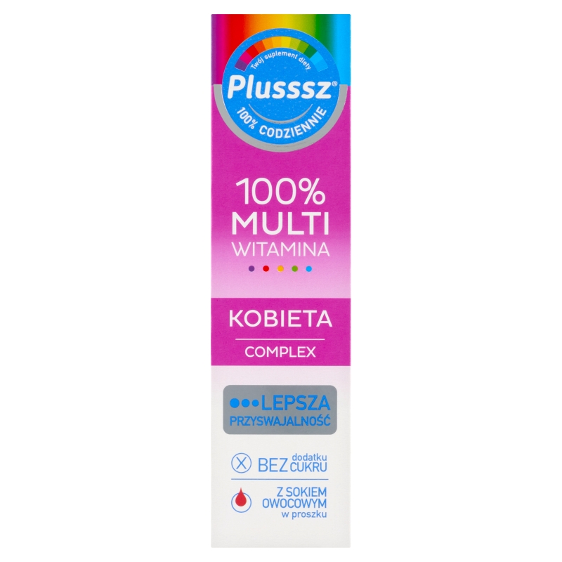 Plusssz 100% Multiwitamina Kobieta Complex tabletki musujące z witaminami dla kobiet o smaku malina - pomarańcza, 20 szt.