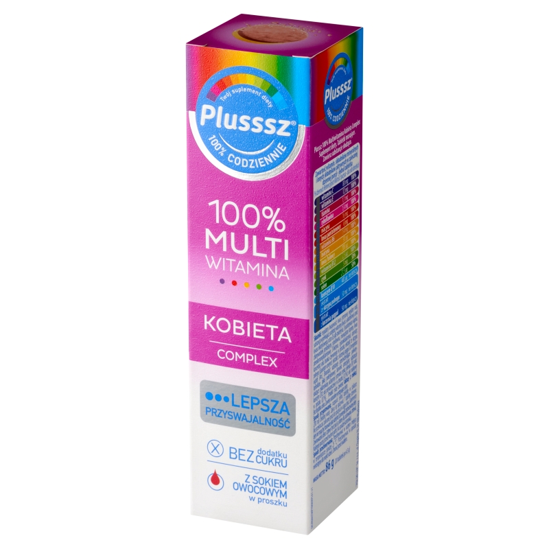 Plusssz 100% Multiwitamina Kobieta Complex, tabletki musujące z witaminami dla kobiet o smaku malina - pomarańcza, 20 szt.