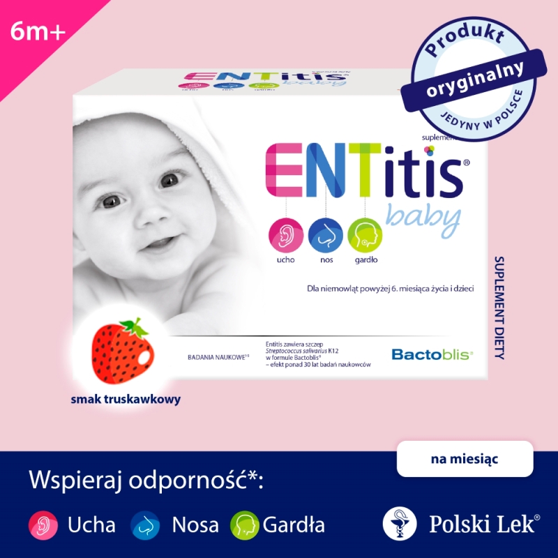 ENTitis Baby , proszek ze składnikami wspierającymi odporności u dzieci o smaku truskawkowym, 30 sasz.
