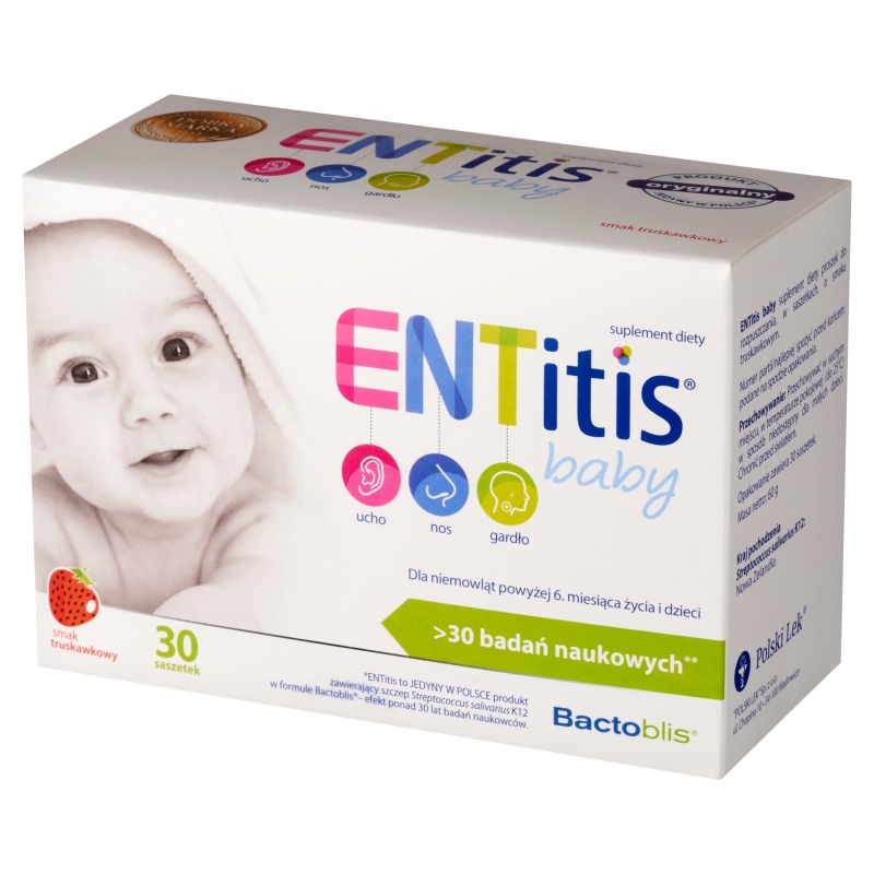 ENTitis Baby , proszek ze składnikami wspierającymi odporności u dzieci o smaku truskawkowym, 30 sasz.