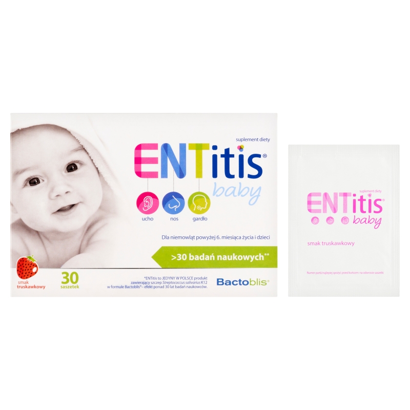 ENTitis Baby , proszek ze składnikami wspierającymi odporności u dzieci o smaku truskawkowym, 30 sasz.