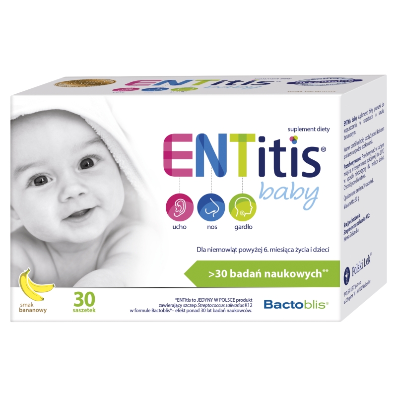 ENTitis Baby, proszek w saszetkach dla dzieci i niemowląt o smaku bananowym, 30 szt.