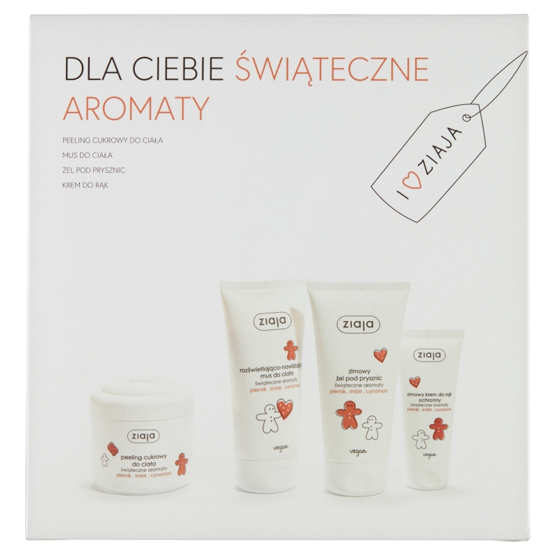 Ziaja Świąteczny Piernikowy, zestaw: peeling cukrowy do ciała -200 ml, mus do ciała- 160 ml, żel pod prysznic- 160 ml, krem do rąk- 50 ml